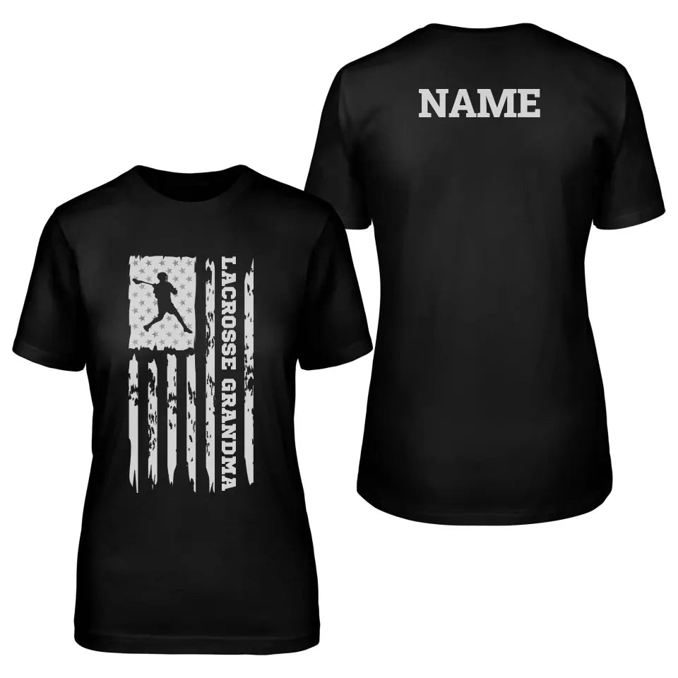 lacrosse grandma vertical flag with lacrosse player name on a unisex t-shirt with a white graphic