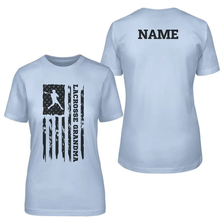 lacrosse grandma vertical flag with lacrosse player name on a unisex t-shirt with a black graphic