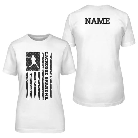 lacrosse grandma vertical flag with lacrosse player name on a unisex t-shirt with a black graphic
