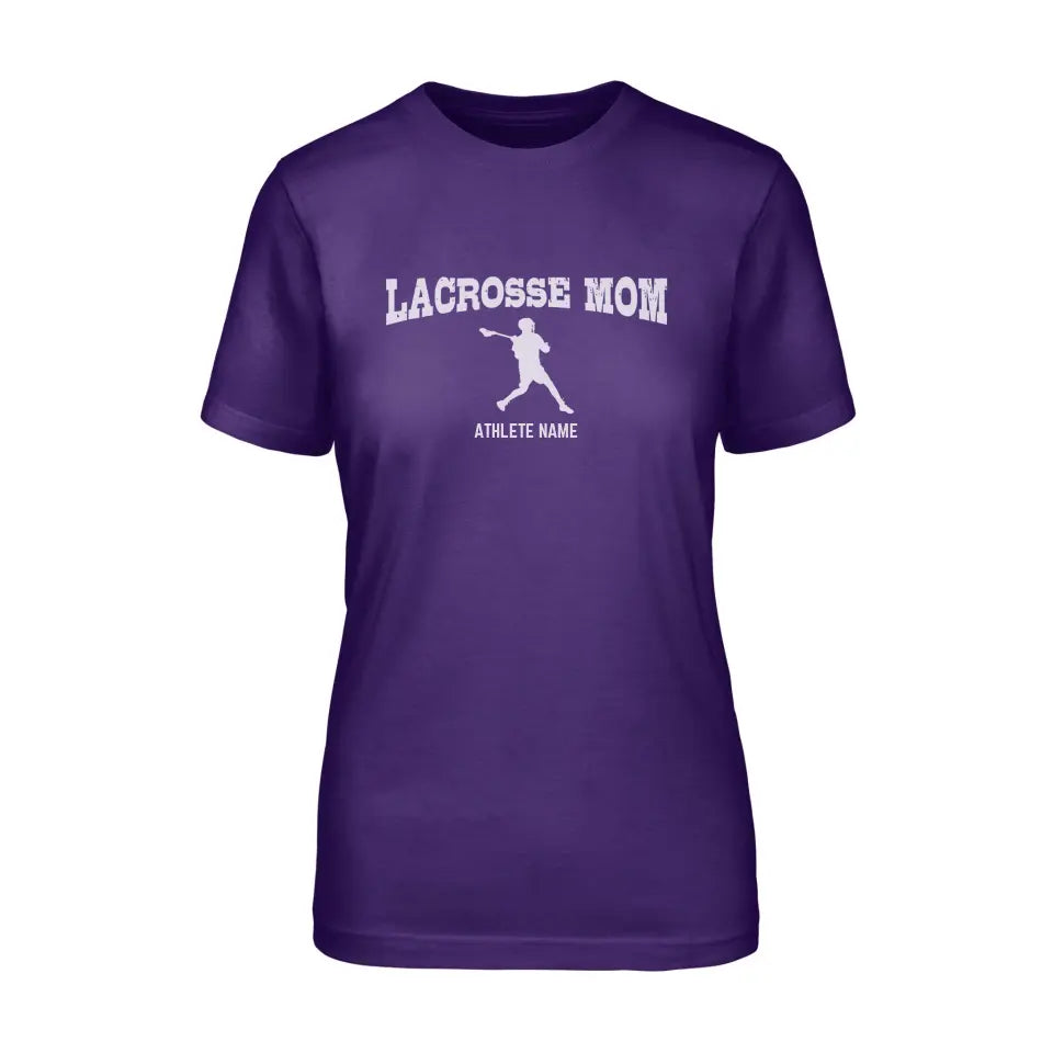 lacrosse mom with lacrosse player icon and lacrosse player name on a unisex t-shirt with a white graphic