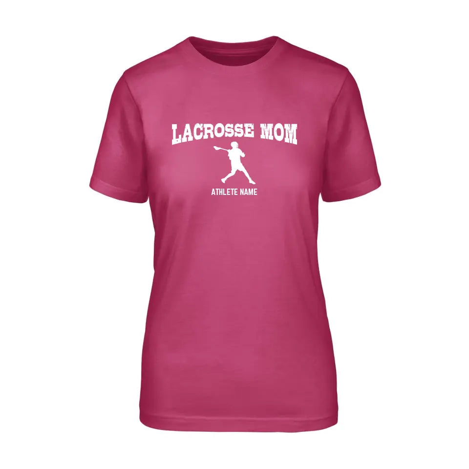 lacrosse mom with lacrosse player icon and lacrosse player name on a unisex t-shirt with a white graphic