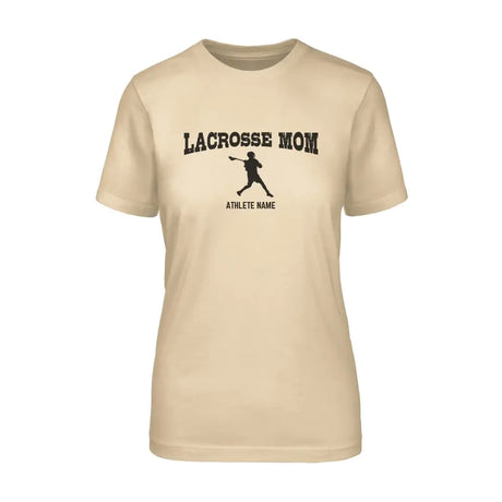 lacrosse mom with lacrosse player icon and lacrosse player name on a unisex t-shirt with a black graphic