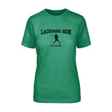 lacrosse mom with lacrosse player icon and lacrosse player name on a unisex t-shirt with a black graphic