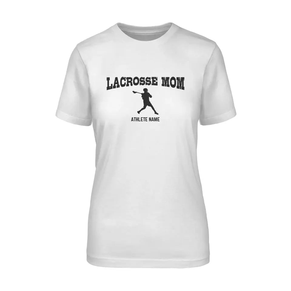 lacrosse mom with lacrosse player icon and lacrosse player name on a unisex t-shirt with a black graphic