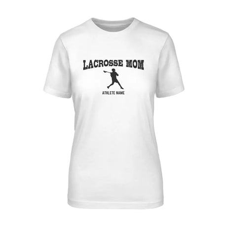 lacrosse mom with lacrosse player icon and lacrosse player name on a unisex t-shirt with a black graphic
