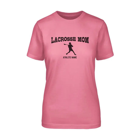 lacrosse mom with lacrosse player icon and lacrosse player name on a unisex t-shirt with a black graphic