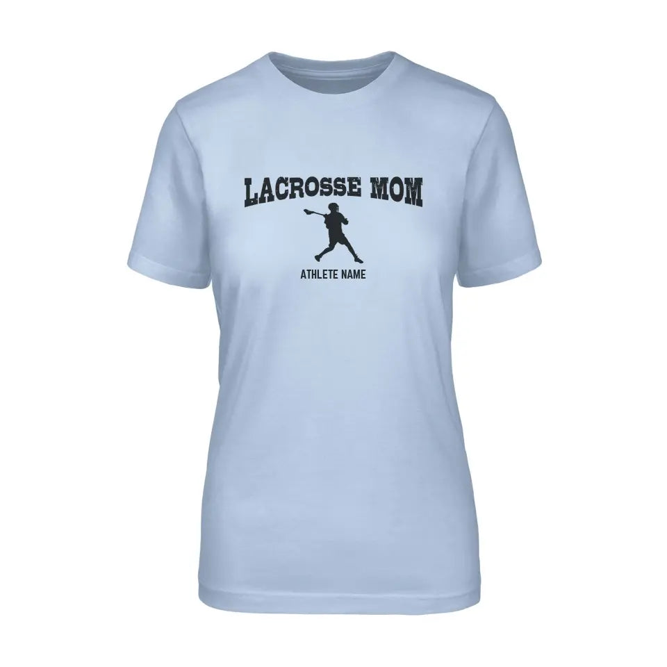 lacrosse mom with lacrosse player icon and lacrosse player name on a unisex t-shirt with a black graphic