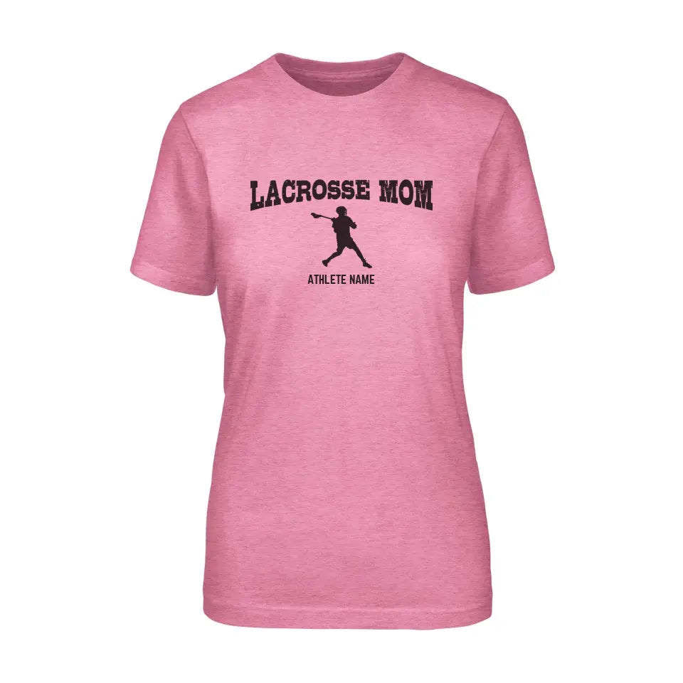 lacrosse mom with lacrosse player icon and lacrosse player name on a unisex t-shirt with a black graphic