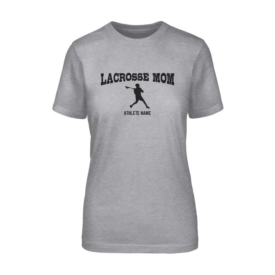 lacrosse mom with lacrosse player icon and lacrosse player name on a unisex t-shirt with a black graphic