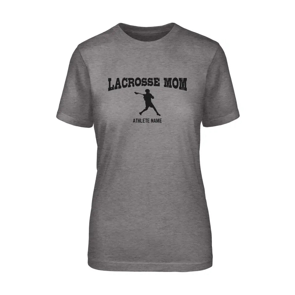 lacrosse mom with lacrosse player icon and lacrosse player name on a unisex t-shirt with a black graphic