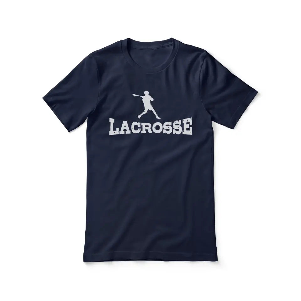 basic lacrosse with lacrosse player icon on a unisex t-shirt with a white graphic
