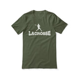 basic lacrosse with lacrosse player icon on a unisex t-shirt with a white graphic