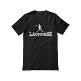 basic lacrosse with lacrosse player icon on a unisex t-shirt with a white graphic