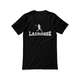 basic lacrosse with lacrosse player icon on a unisex t-shirt with a white graphic