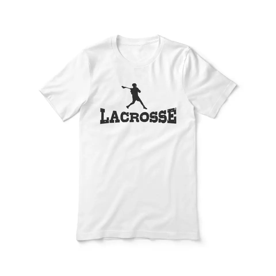 basic lacrosse with lacrosse player icon on a unisex t-shirt with a black graphic