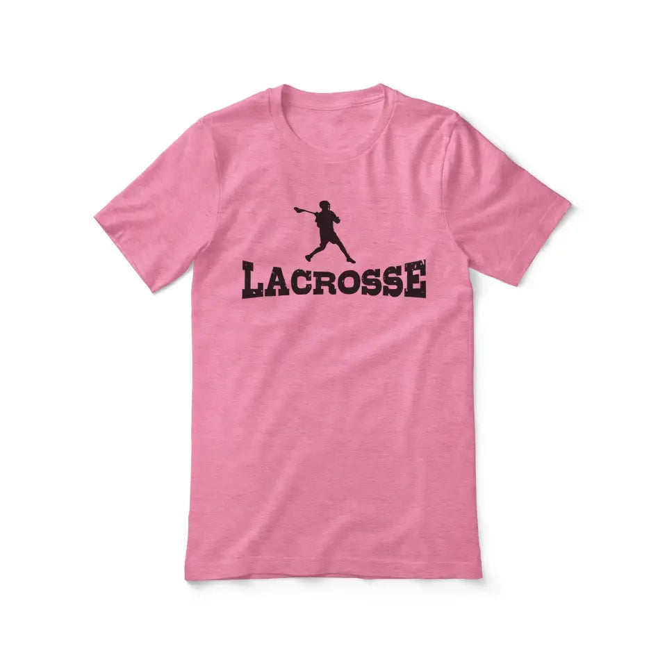 basic lacrosse with lacrosse player icon on a unisex t-shirt with a black graphic