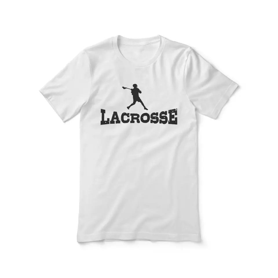 basic lacrosse with lacrosse player icon on a unisex t-shirt with a black graphic