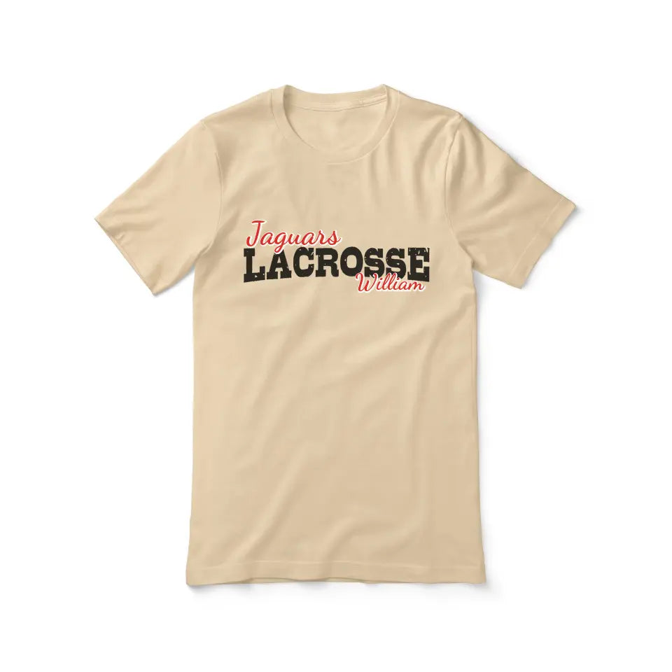 custom lacrosse mascot and lacrosse player name on a unisex t-shirt with a black graphic