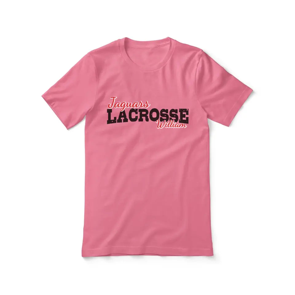 custom lacrosse mascot and lacrosse player name on a unisex t-shirt with a black graphic