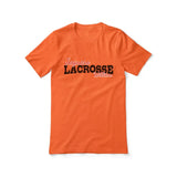 custom lacrosse mascot and lacrosse player name on a unisex t-shirt with a black graphic