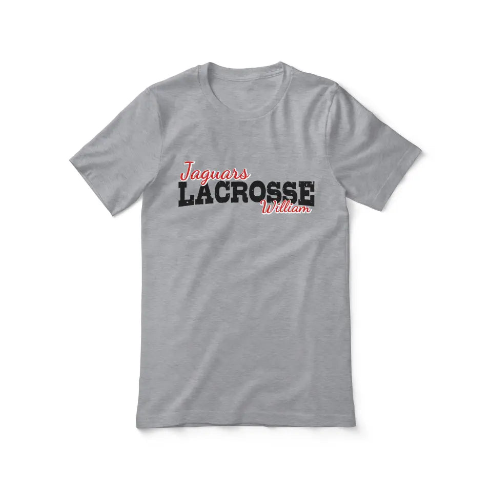 custom lacrosse mascot and lacrosse player name on a unisex t-shirt with a black graphic