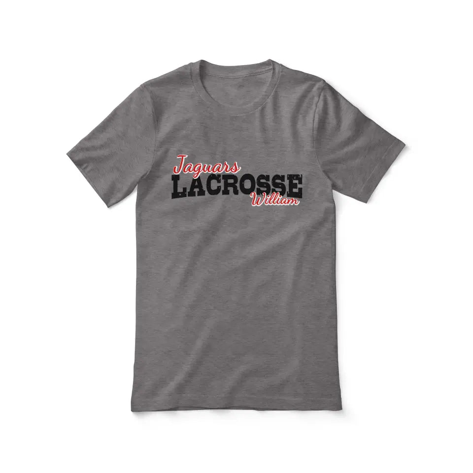 custom lacrosse mascot and lacrosse player name on a unisex t-shirt with a black graphic