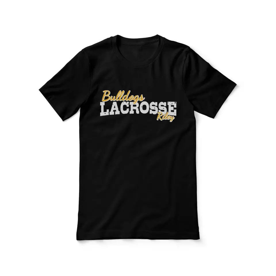 custom lacrosse mascot and lacrosse player name on a unisex t-shirt with a white graphic