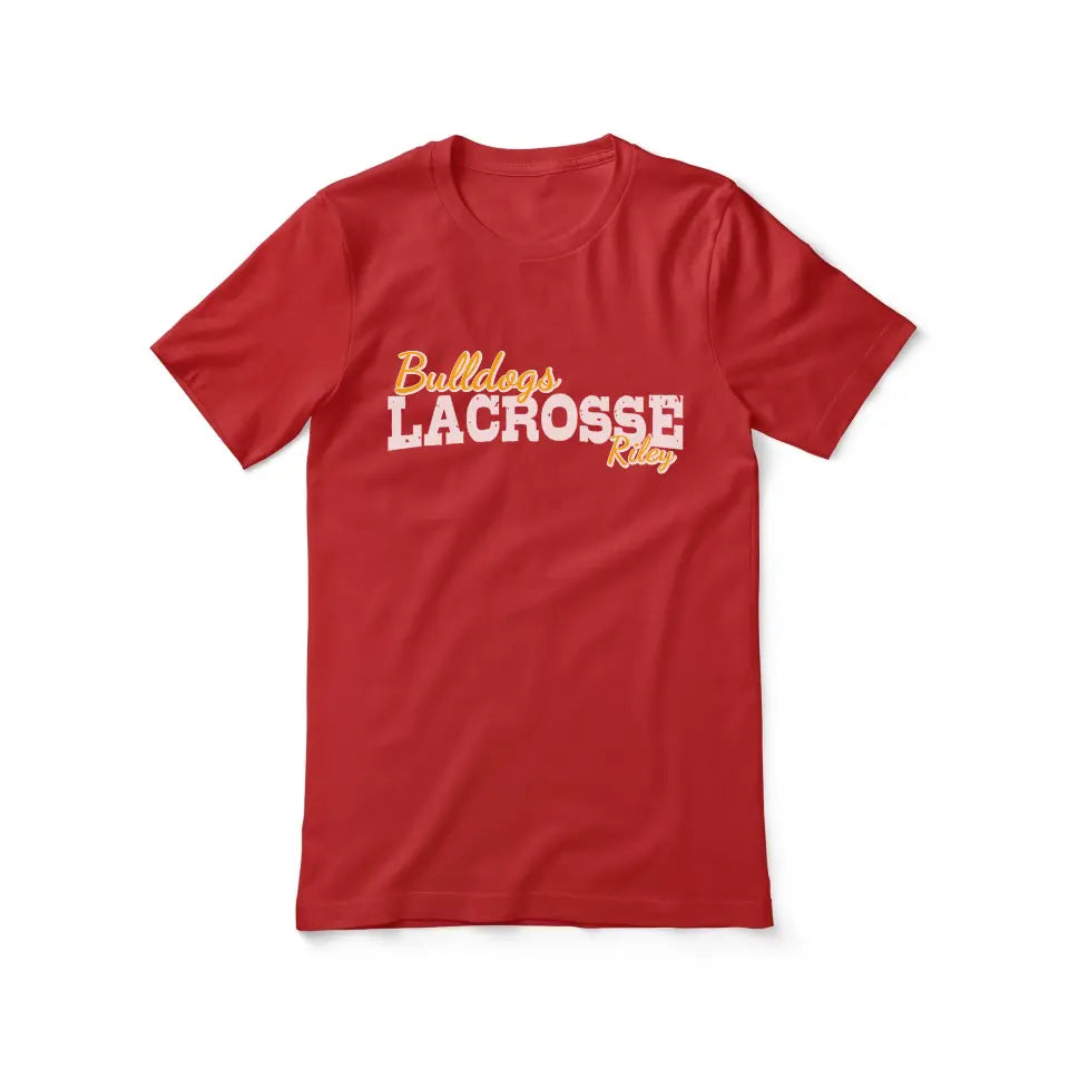 custom lacrosse mascot and lacrosse player name on a unisex t-shirt with a white graphic