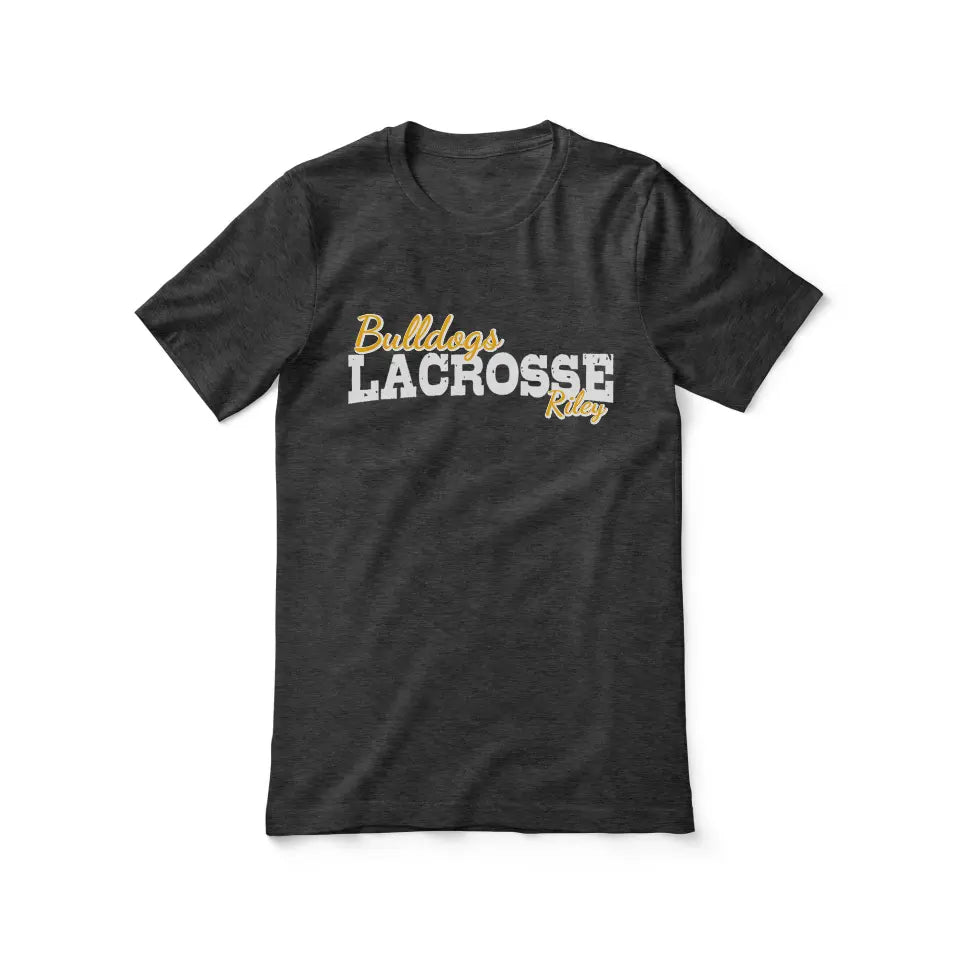 custom lacrosse mascot and lacrosse player name on a unisex t-shirt with a white graphic