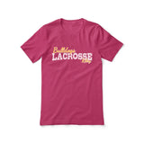 custom lacrosse mascot and lacrosse player name on a unisex t-shirt with a white graphic