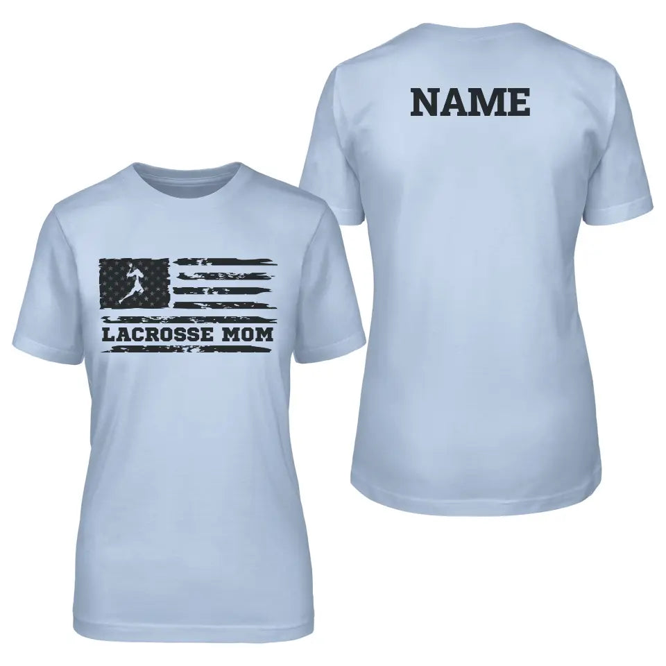 lacrosse mom horizontal flag with lacrosse player name on a unisex t-shirt with a black graphic