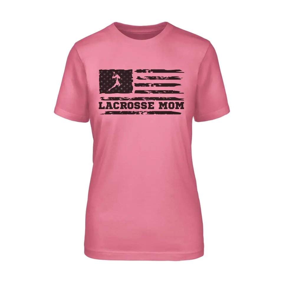 lacrosse mom horizontal flag on a unisex t-shirt with a black graphic