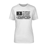 lacrosse mom horizontal flag on a unisex t-shirt with a black graphic