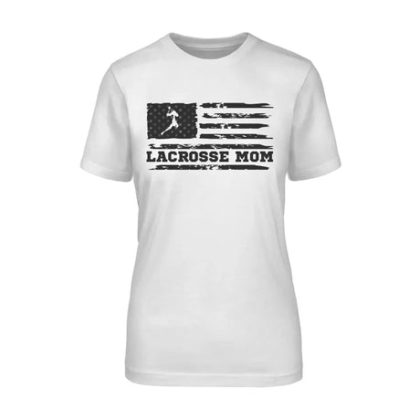 lacrosse mom horizontal flag on a unisex t-shirt with a black graphic