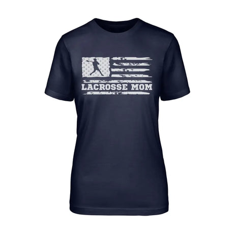 lacrosse mom horizontal flag on a unisex t-shirt with a white graphic