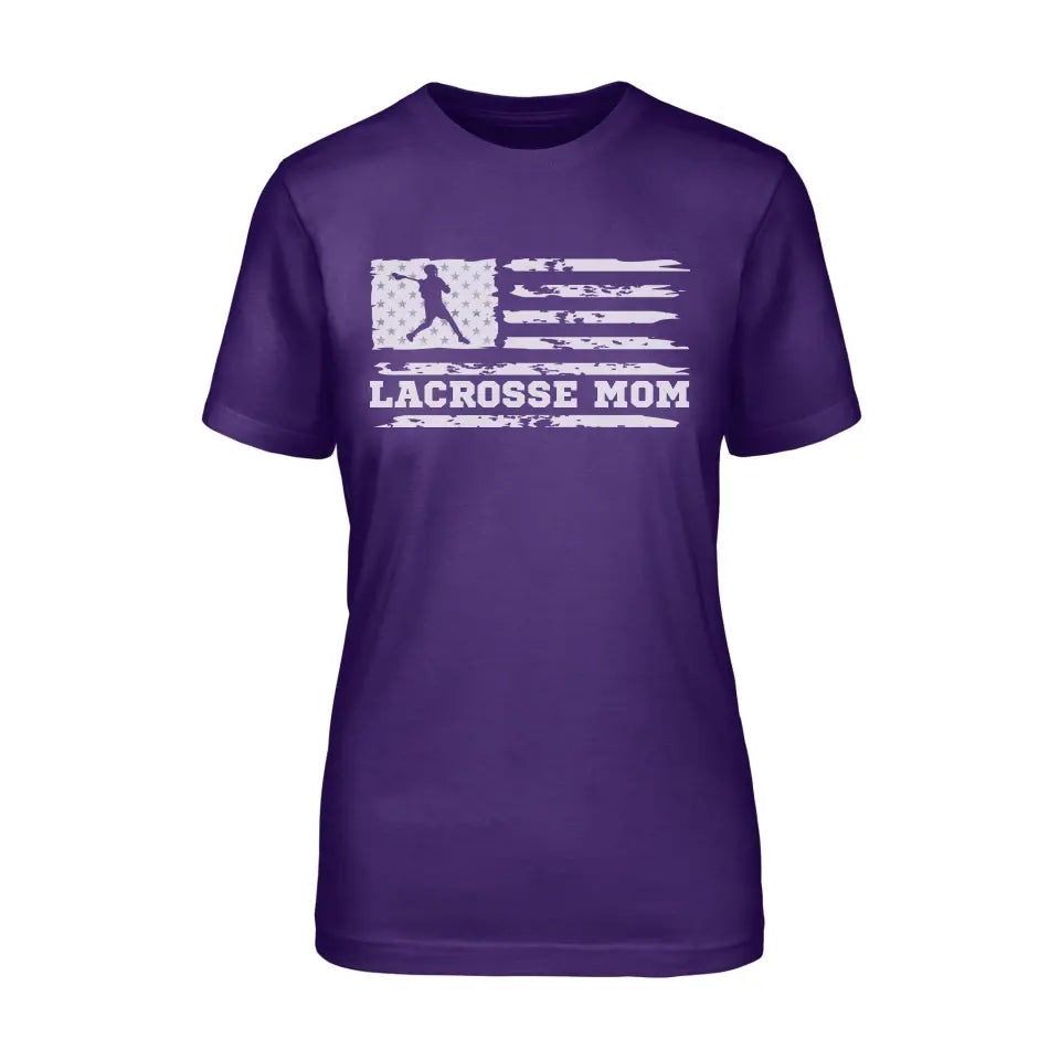 lacrosse mom horizontal flag on a unisex t-shirt with a white graphic