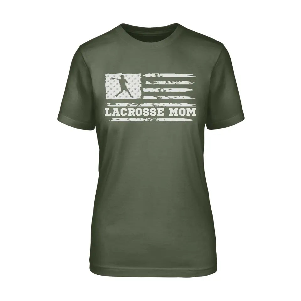 lacrosse mom horizontal flag on a unisex t-shirt with a white graphic