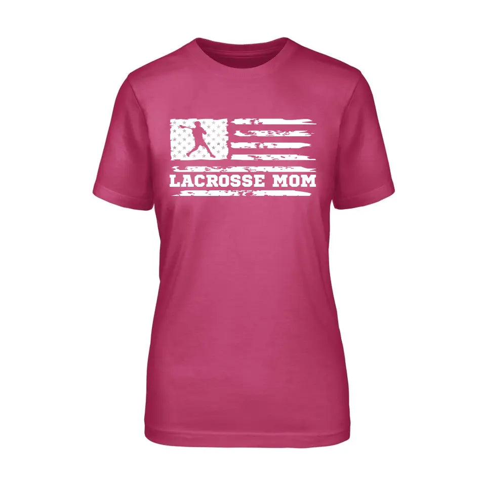 lacrosse mom horizontal flag on a unisex t-shirt with a white graphic