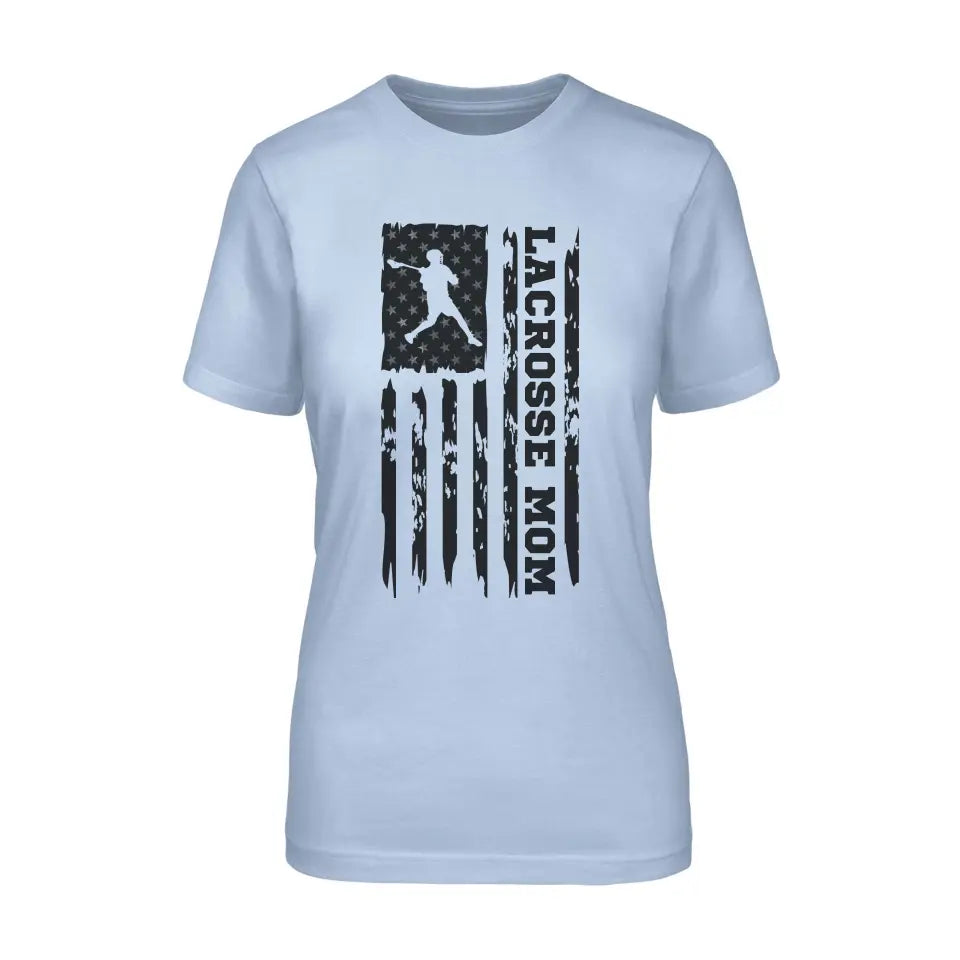 lacrosse mom vertical flag on a unisex t-shirt with a black graphic