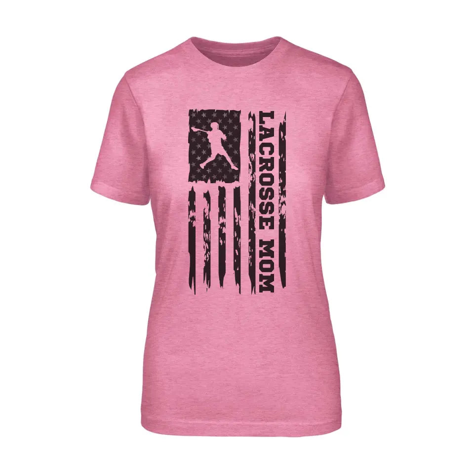 lacrosse mom vertical flag on a unisex t-shirt with a black graphic