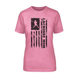 lacrosse mom vertical flag on a unisex t-shirt with a black graphic