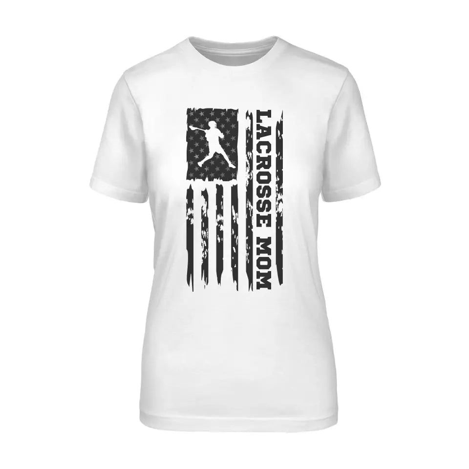 lacrosse mom vertical flag on a unisex t-shirt with a black graphic