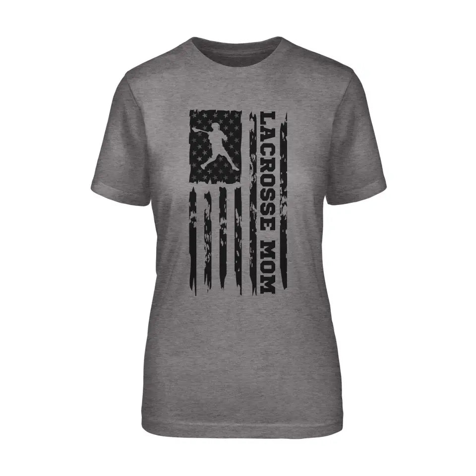 lacrosse mom vertical flag on a unisex t-shirt with a black graphic