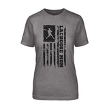 lacrosse mom vertical flag on a unisex t-shirt with a black graphic