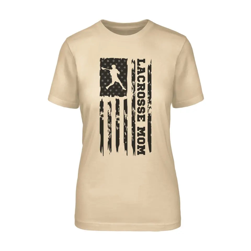 lacrosse mom vertical flag on a unisex t-shirt with a black graphic