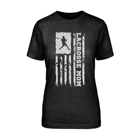 lacrosse mom vertical flag on a unisex t-shirt with a white graphic