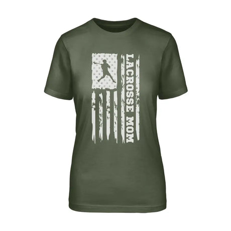 lacrosse mom vertical flag on a unisex t-shirt with a white graphic