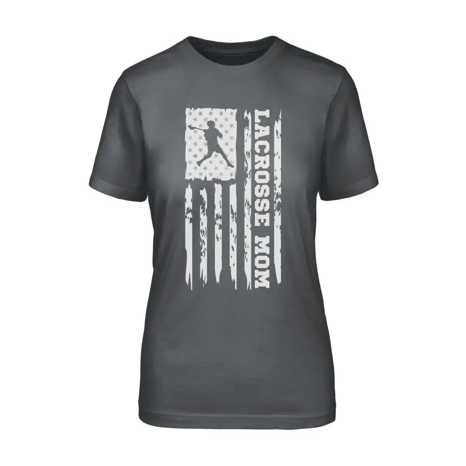 lacrosse mom vertical flag on a unisex t-shirt with a white graphic