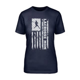 lacrosse mom vertical flag on a unisex t-shirt with a white graphic