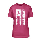 lacrosse mom vertical flag on a unisex t-shirt with a white graphic